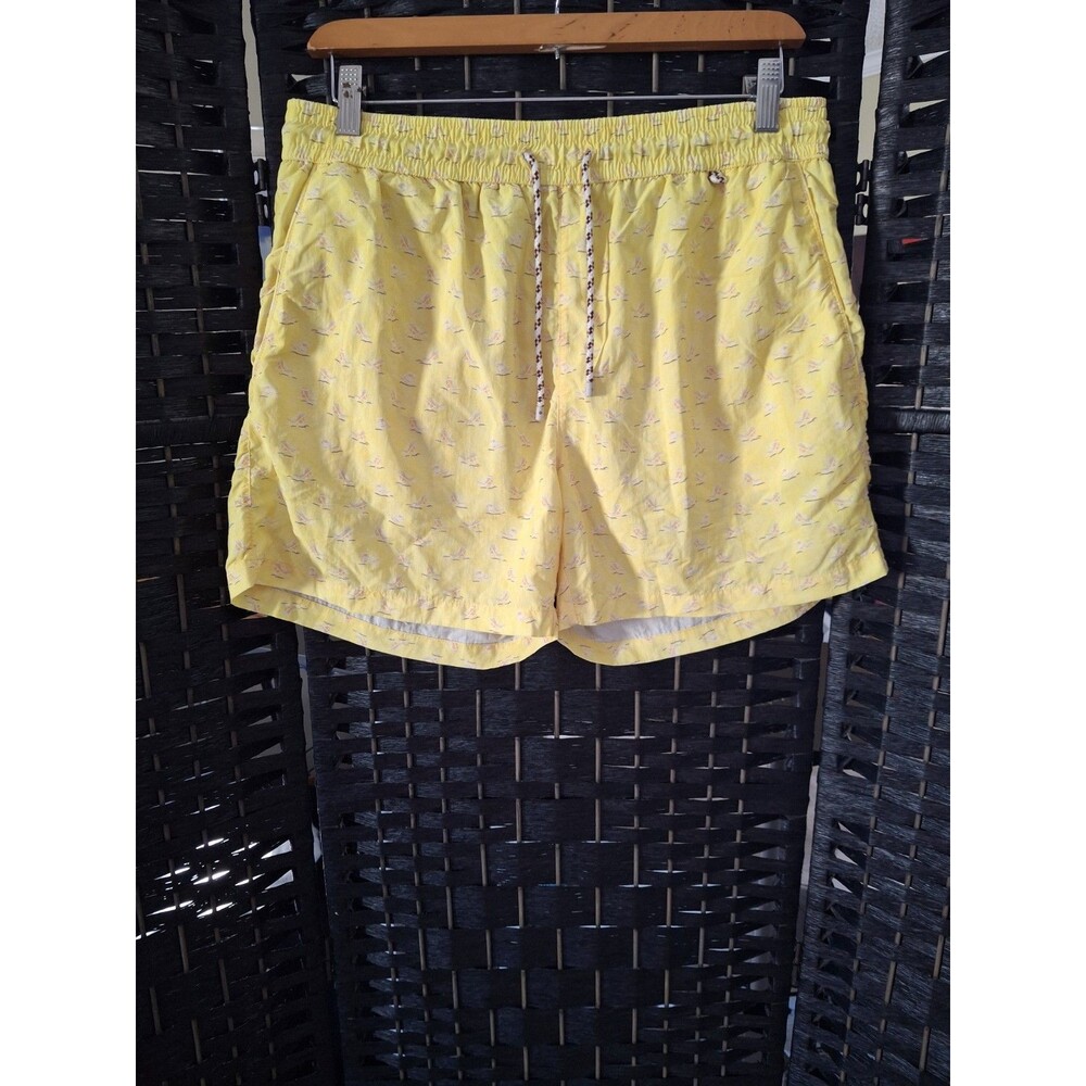 Loro Piana Beach Chair AOP Nylon Swim Trunks Yellow Lined Drawstring Italy Large